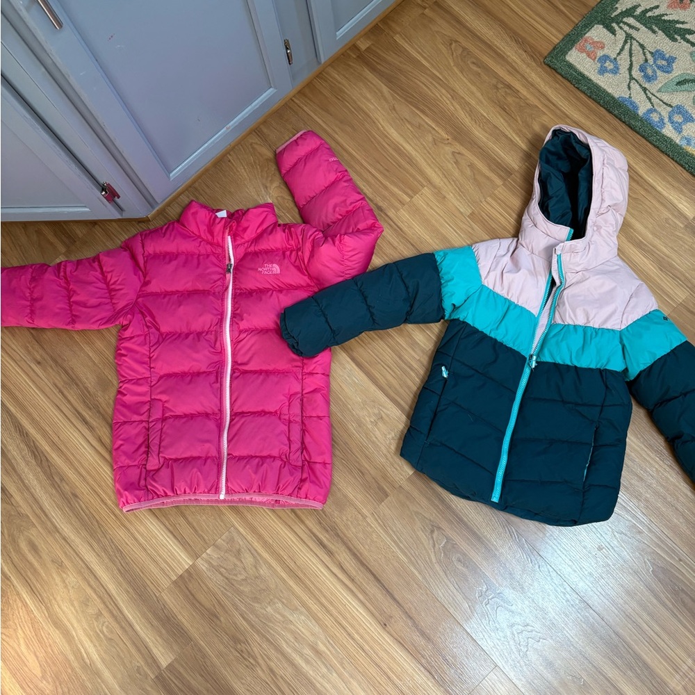 Kids Pink Puffer Jacket + Colorblock Hooded Coat Set